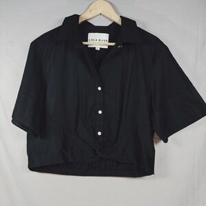 Lola River Women's Black Button Up Cropped Knot Waist Collared Lightweight Large
